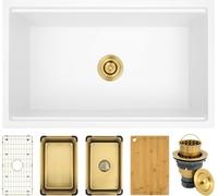 MONSINTA 31 Inch Kitchen Sink, 31" x 18" x 9" Single Bowl Undermount White Kitchen Sink with Workstation, 31" x 18" Deep and Large Granite Composite Quartz Kitchens Sinks with Gold Accessories