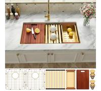 MONSINTA Gold Undermount Kitchen Sink 32 x 18 Inch, 50/50 Double Bowl Kitchen Sinks, 16 Gauge Stainless Steel Workstation Sink with Ledge & Accessories, 32" x 18" x 10" Large and Deep Gold Double Sink