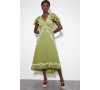 Monsoon Arabella V-Neck Embroidered Midi Dress Green Green