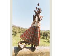 Monsoon Cotton Rich Checked Midi A-Line Skirt Orange Mix
