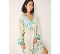 Monsoon Cotton Rich Palm Print V-Neck Midaxi Kaftan Ivory Mix