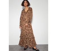 Monsoon female Animal Print V-Neck Ruffle Maxi Tea Dress - 8 - Brown Mix, Brown Mix