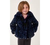 Monsoon Girl's Animal Print Faux Fur Bow Coat Blue | Size: 9/10 Years