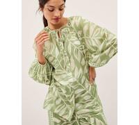 Monsoon Pure Cotton Leaf Print Tie Neck Blouse Green Mix