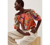 Monsoon Pure Cotton Printed Off The Shoulder Top Sage Mix