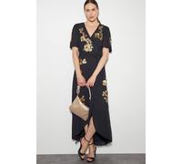 Monsoon Sarah Sequin Floral Midi Wrap Dress Black Black 8