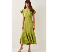 Monsoon Women's Ester Satin Ruffle Midi Dress Red in Green | Size: 22