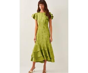 Monsoon Women's Ester Satin Ruffle Midi Dress Red in Green | Size: 24