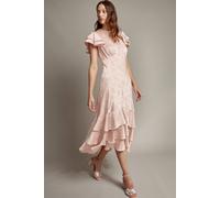 Monsoon Women's Ester Satin Ruffle Midi Dress Red in Pink | Size: 22