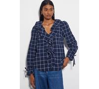Monsoon Women's Frankie Check Print Ruffle Blouse Blue | Size: Small