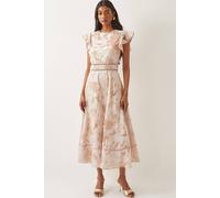 Monsoon Women's Josie Flutter Sleeve Floral Jacquard Midi Dress Blue in Pink | Size: 22 Monsoon Pink 22