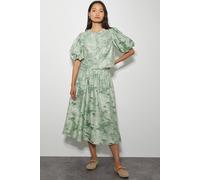 Monsoon Women's Josie Puff Sleeve Floral Jacquard Top Green | Size: 14