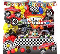 Monster Big Truck Jam Birthday Party Decorations Supplies Set With Backdrop, Balloon Garland, Tablecloth, Cake topper