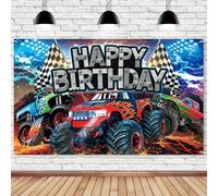 Monster Car Happy Birthday Backdrop 70.8 * 43.3 Inch Truck Themed Party Decorations Off-Road Vehicle Racing Car Background Truck Fan Meeting Photo Booth Props