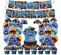 Monster Cars Party Supplies - 30PCS Truck Birthday Decorations, Balloons, Cake Decorations and Banner