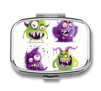 Monster Color Pattern Pill Organizer Metal Pill Box - 2 Compartments, Sleek & Portable Medicine Case for Travel, Daily Use
