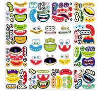 Monster Face Stickers - 12 Sheets (Make 36 Faces), Waterproof Glossy PVC, Mix-and-Match Eyes & Mouths, Build-a-Monster Decals for Kids Crafts, Halloween, Water Bottles & Laptops