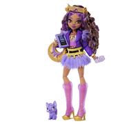 Monster High Doll, Clawdeen Wolf in Purple Moto Jacket and Furry Skirt with Pet Wolf Pup Crescent and 7 Accessories like Book, Croissant and Purse, JHK30