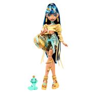 Monster High Cleo De Nile Doll in Golden Blouse and Layered Skirt, Includes Pet Cobra Hissette and Accessories like a Backpack, Snack and Scroll,
