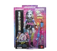 Monster High Doll, Frankie Stein in Cropped Sweater and Black Pleather Skirt with Pet Dog Watzie and 7 Accessories like Earphones, Belt Bag and Snacks, JHK31