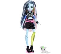 Monster High Doll, Frankie Stein in Cropped Sweater and Black Pleather Skirt with Pet Dog Watzie and 7 Accessories like Earphones, Belt Bag and Snacks, JHK31
