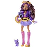 Monster High Doll, Clawdeen Wolf in Purple Moto Jacket and Furry Skirt with Pet Wolf Pup Crescent and 7 Accessories like Book, Croissant and Purse, JHK30
