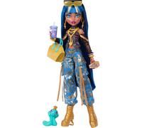 Monster High Doll, Cleo De Nile in Crop Top and Golden Denim Cargo Pants with Pet Snake Hissette and 7 Accessories like Salad, Smoothie and Purse,