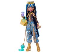 Monster High Doll, Cleo De Nile in Crop Top and Golden Denim Cargo Pants with Pet Snake Hissette and 7 Accessories like Salad, Smoothie and Purse, JHK32
