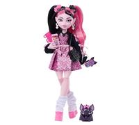 Monster High Doll, Draculaura in Pink Bow Dress and Black Cardigan with Pet Bat Count Fabulous and 7 Accessories like Ramen, Lipstick and Purse, JHK29