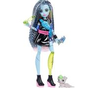 Monster High Doll, Frankie Stein in Cropped Sweater and Black Pleather Skirt with Pet Dog Watzie and 7 Accessories like Earphones, Belt Bag and Snacks, JHK31