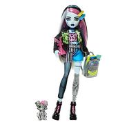 Monster High Frankie Stein Doll in Denim Jacket and Shorts, Includes Pet Dog Watzie and Accessories like a Backpack, Snack and Notebook, HXH73