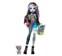 Monster High Frankie Stein Doll in Denim Jacket and Shorts, Includes Pet Dog Watzie and Accessories like a Backpack, Snack and Notebook, HXH73