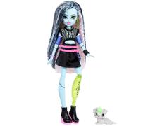 Monster High Doll, Frankie Stein in Cropped Sweater and Black Pleather Skirt with Pet Dog Watzie and 7 Accessories like Earphones, Belt Bag and Snacks, JHK31