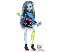 Monster High Doll, Frankie Stein in Cropped Sweater and Black Pleather Skirt with Pet Dog Watzie and 7 Accessories like Earphones, Belt Bag and Snacks, JHK31