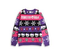 Monster High Girls Pink & Black Skull & Snowflake Fairisle Christmas Jumper | Long Sleeve Crew Neck Holiday Wear | Cartoon Style Kids Outfit Merch