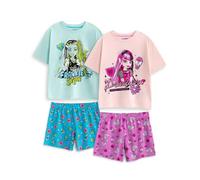 Monster High Girls Pyjama Set | Blue Frankie Stein & Pink Draculaura Short Sleeve Short Leg Sleepwear | Multi-Pack of 2 Cartoon PJs with All Over Print | Kids Nightwear - 7-8 Years