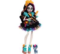Monster High-Puppe Skelita Calaveras in farbenfrohem Papel-Picado-Kleid mit Hünd