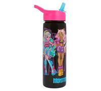 Monster High Water Bottle with Straw by Polar Gear, 600ml, Black with Pink Lid, Featuring Frankie Stein, Draculaura, Clawdeen Wolf, Lagoona Blue, BPA Free