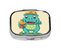Monster Holding Trophy Print Pill Box Square Pill Case 2 Compartment Small Metal Medicine Organizer Portable Travel Pillbox for Pocket Purse Cute Mini Pill Container to Hold Daily Vitamins