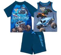Monster Jam Grave Digger El Toro Loco Megalodon French Terry Sleeveless T-Shirt and Shorts Set 3 Piece Set for Boys and Girls, Blue and Grey, 7-8