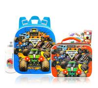 Monster Jam Mini Backpack with Lunch Box for Kids - Bundle with 11" School Bag, Lunch Bag, Water Bottle, Tattoos, More | Monster Jam Small School Backpack with Lunchbox