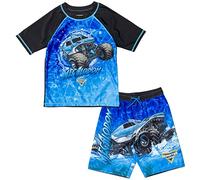 Monster Jam UPF 50+ Pullover Rash Guard and Swim Trunks Outfit Set Toddler to Big Kid Grave Digger El Toro Loco Megalodon, Megalodon, Blue, 4