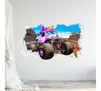 Monster Jam Wall Sticker - Sparkle Smash Driving Through Broken Wall Decal Art (90cm Width x 50cm Height)