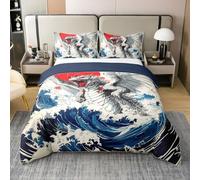 Monster Kids Duvet Cover 100% Cotton Single Size,Sea Waves Japanese Ukiyo-e Ocean Bedding Set,Wing Dragon Trippy Sea Blue Comforter Cover,1 Pillowcase(No Comforter)