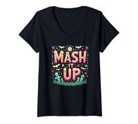 Monster Mash It Up Spooky Fun Halloween Party Celebration V-Neck T-Shirt, Women, Black, S
