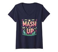 Monster Mash It Up Spooky Fun Halloween Party Celebration V-Neck T-Shirt, Women, Navy, S