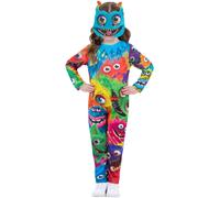 Smiffys Kids Monster Party Costume, Colourful All-Over Print Jumpsuit with Matching Monster Mask, Children’s Fancy Dress Outfit for Halloween, Birthdays and Parties, age 4-6