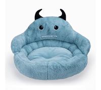 Monster Pet Bed with Horns, Premium Plush Pet Sofa with Devil Horn Design, Soft Cushioned Dog Cat Bed with Armrest Support, Novelty Halloween Theme Pet Furniture (Blue,Small Size 40x45x25cm)