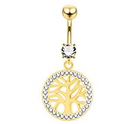 MONSTER PIERCING 3 Micron Yellow Gold Plated Multi Clear Crystal Stone Tree of Life Dangling 925 Sterling Silver Belly Bar Jewellery