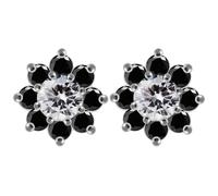 MONSTER PIERCING Black CZ Stone Studded Flower with Clear Stone Center 925 Sterling Silver Stud Earring